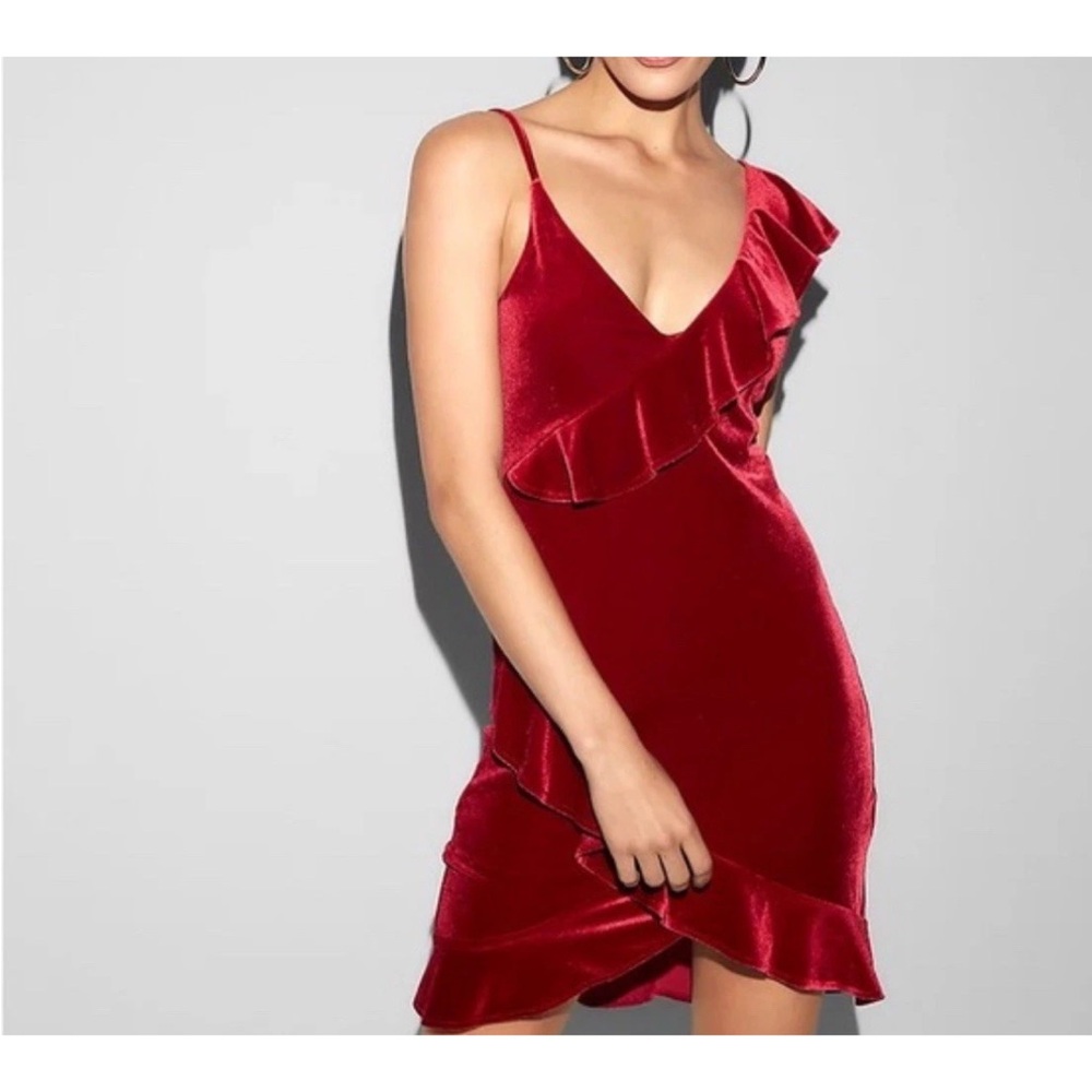 Express Y2K Red Velvet Ruffle Strap ‎ Hi-low Dress Size Large Sexy Holiday Hoco